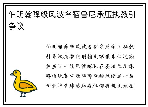 伯明翰降级风波名宿鲁尼承压执教引争议 伯明翰降级风波名宿鲁尼承压执教引争议