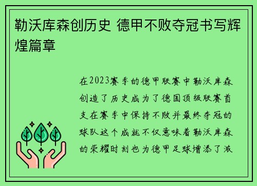 勒沃库森创历史 德甲不败夺冠书写辉煌篇章 勒沃库森创历史 德甲不败夺冠书写辉煌篇章
